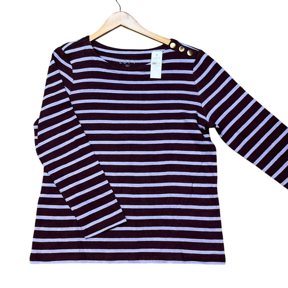 Loft Top Womens Small Burgundy Lavender Long Sleeve Striped Shoulder-Button NEW